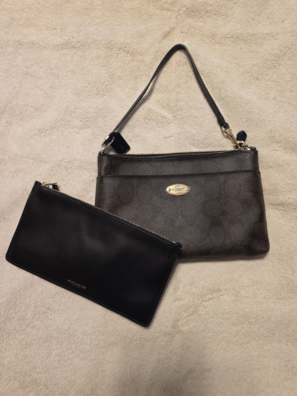 Coach Brown Signature Canvas Wristlet with Black Leather Zipper Pouch